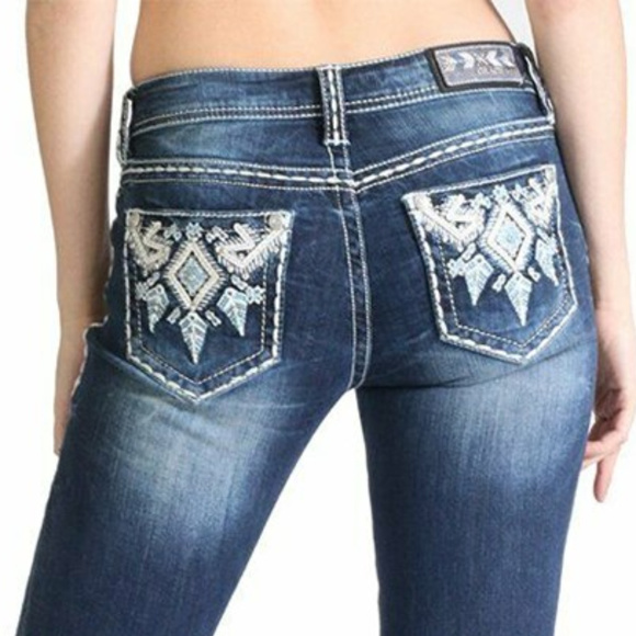 Grace in LA Women's Aztec Embellished Embroidered Bootcut Stretch Jeans